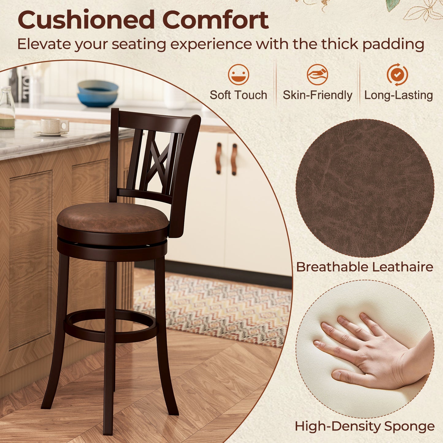 Swivel Bar Stools with Footrest and Hollow Backrest 2-Piece Set - 30 inch