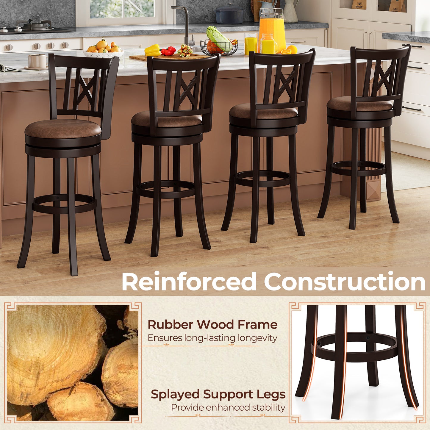 Swivel Bar Stools with Footrest and Hollow Backrest 2-Piece Set - 30 inch