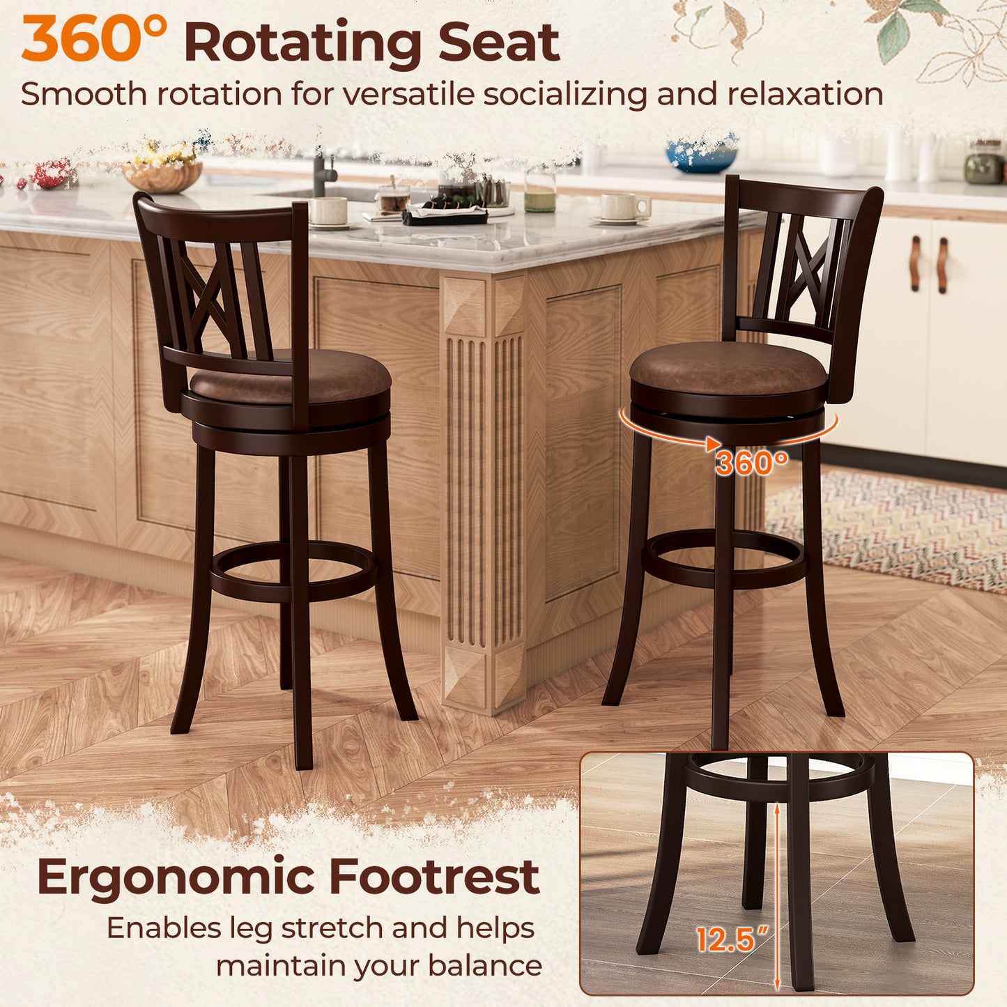 Swivel Bar Stools with Footrest and Hollow Backrest 2-Piece Set - 30 inch