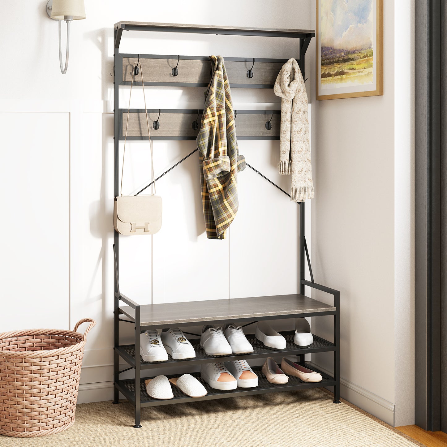 4-in-1 Hall Tree with Coat Rack, Shoe Bench, Storage Shelves, and 11 Hooks – Grey