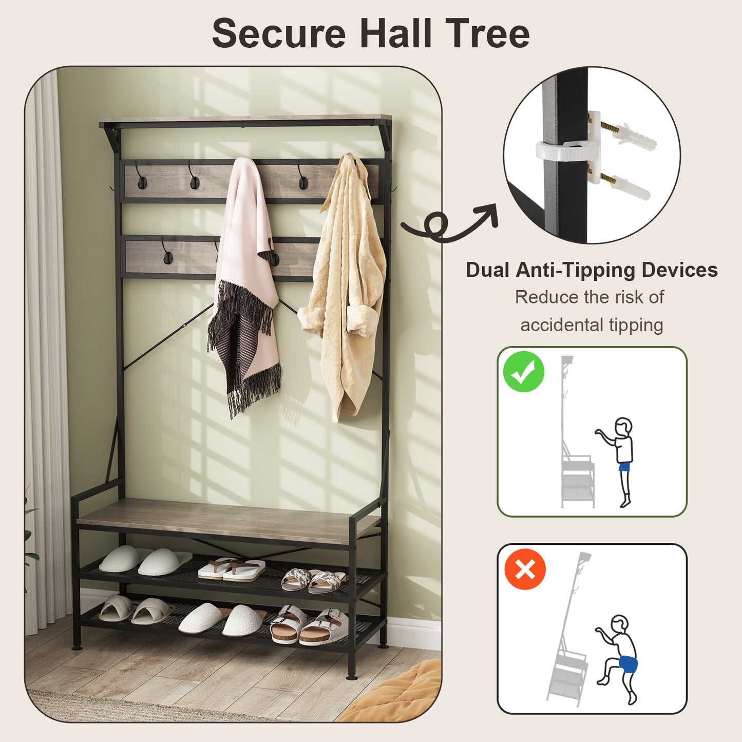 4-in-1 Hall Tree with Coat Rack, Shoe Bench, Storage Shelves, and 11 Hooks – Grey