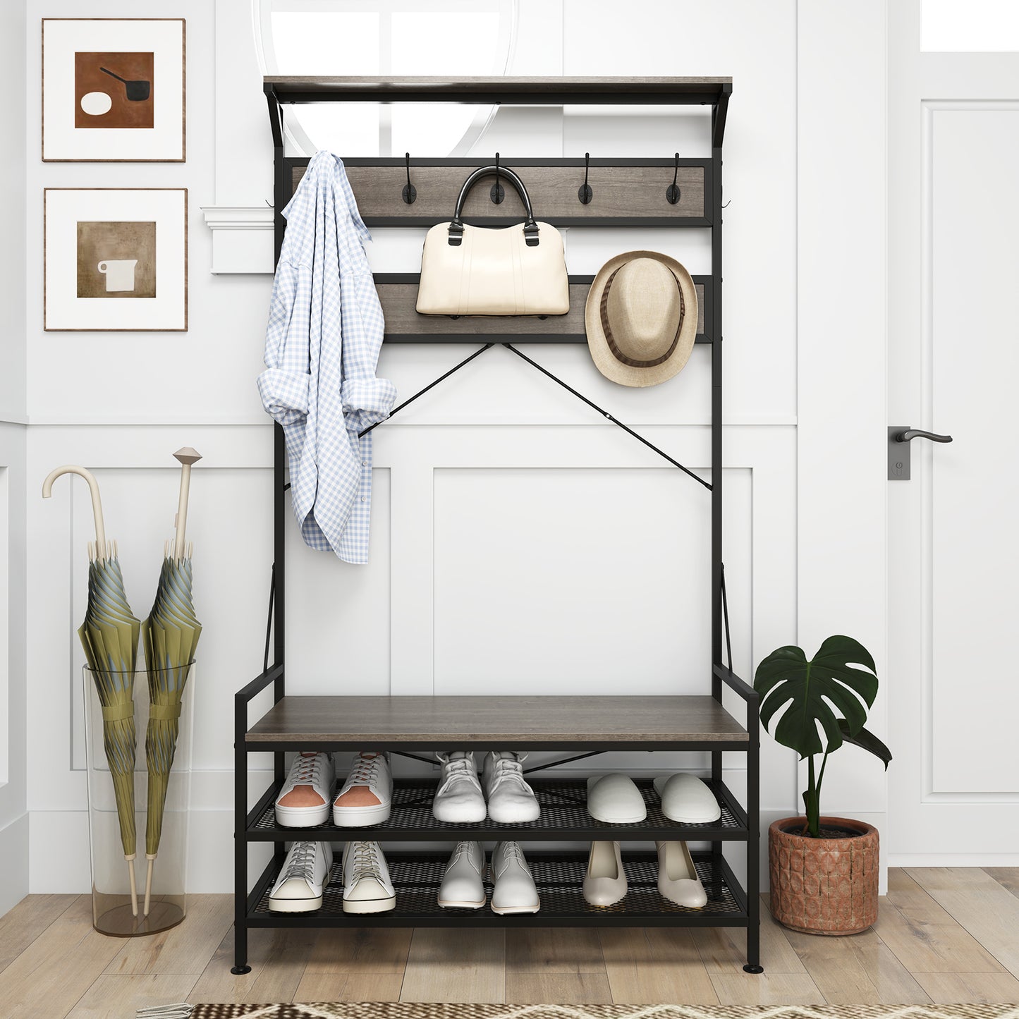 4-in-1 Hall Tree with Coat Rack, Shoe Bench, Storage Shelves, and 11 Hooks – Grey