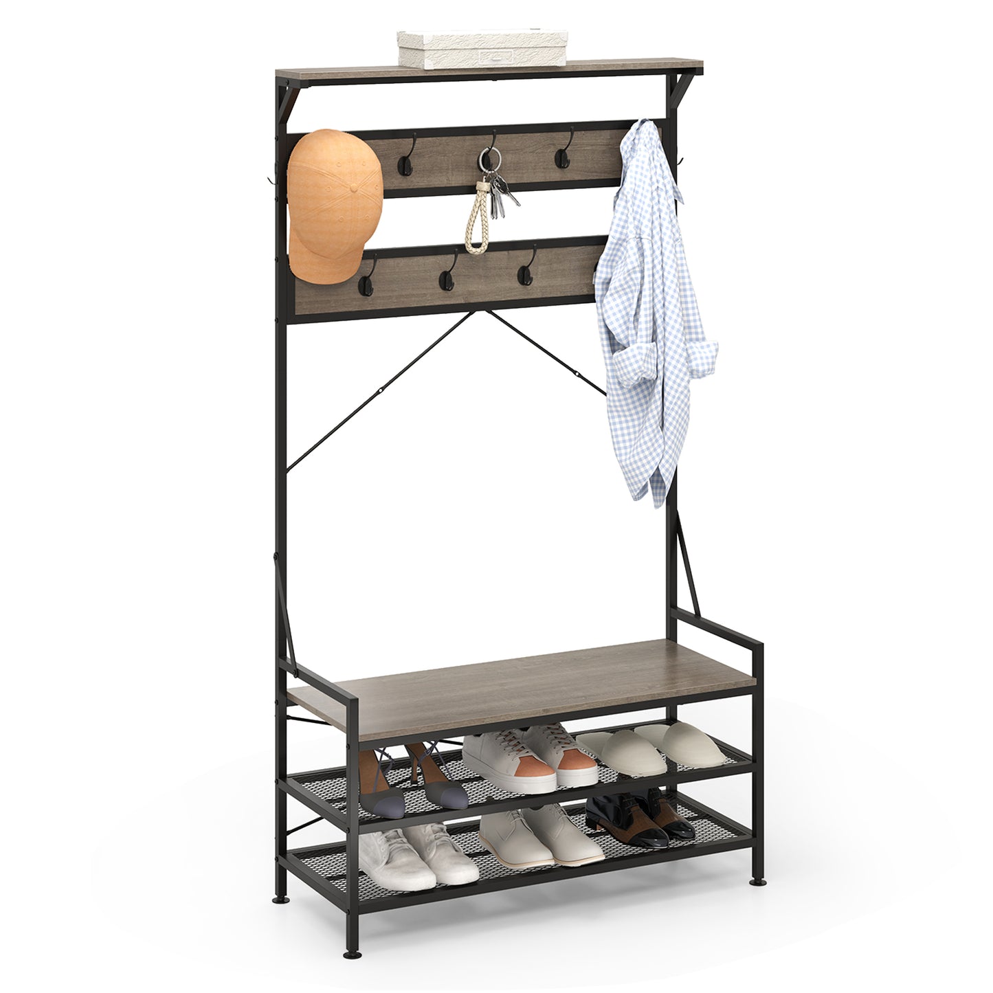 4-in-1 Hall Tree with Coat Rack, Shoe Bench, Storage Shelves, and 11 Hooks – Grey