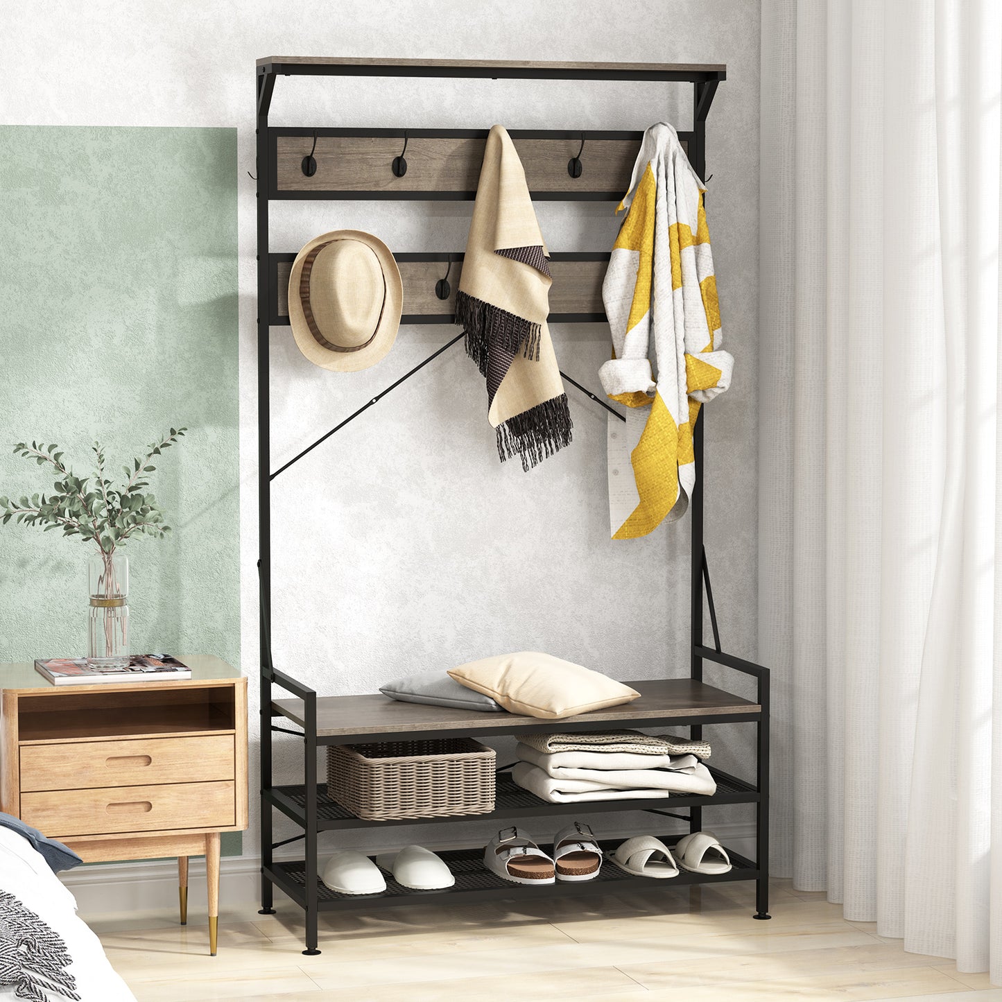 4-in-1 Hall Tree with Coat Rack, Shoe Bench, Storage Shelves, and 11 Hooks – Grey