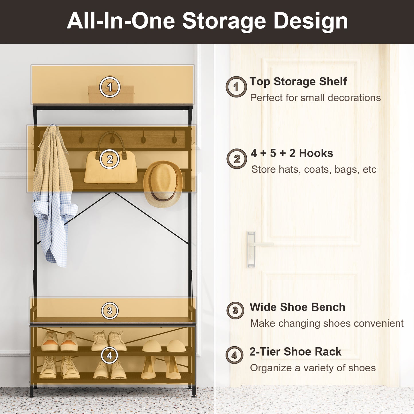 4-in-1 Hall Tree with Coat Rack, Shoe Bench, Storage Shelves, and 11 Hooks – Grey
