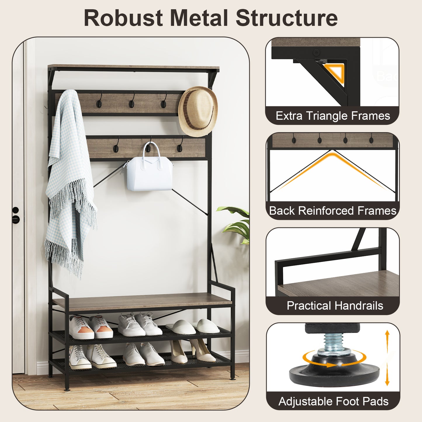 4-in-1 Hall Tree with Coat Rack, Shoe Bench, Storage Shelves, and 11 Hooks – Grey