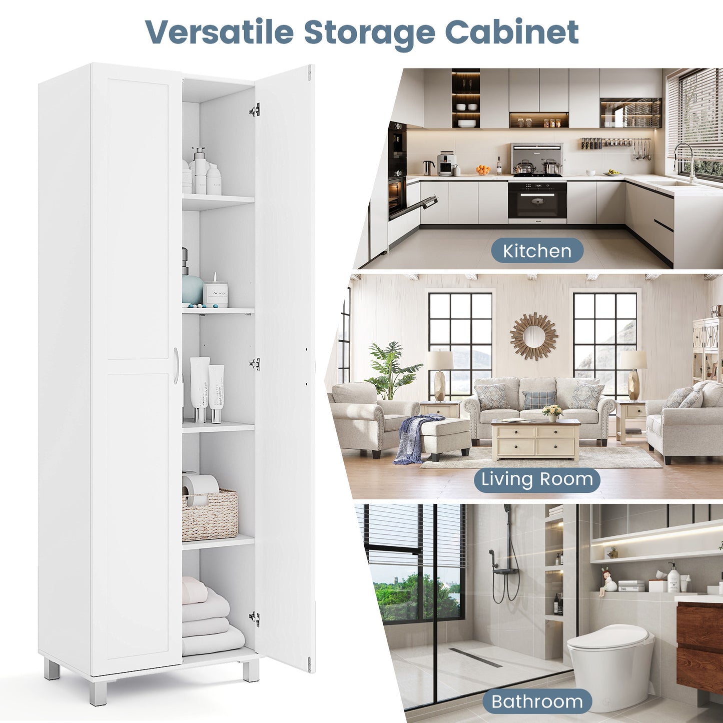 Tall Freestanding Storage Cabinet with Adjustable Shelves and Double Doors 73.5 Inch