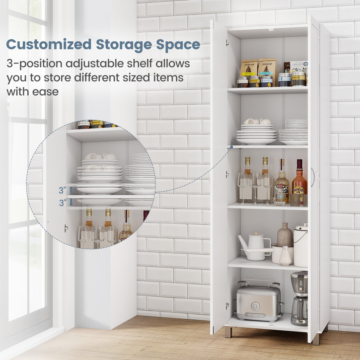Tall Freestanding Storage Cabinet with Adjustable Shelves and Double Doors 73.5 Inch
