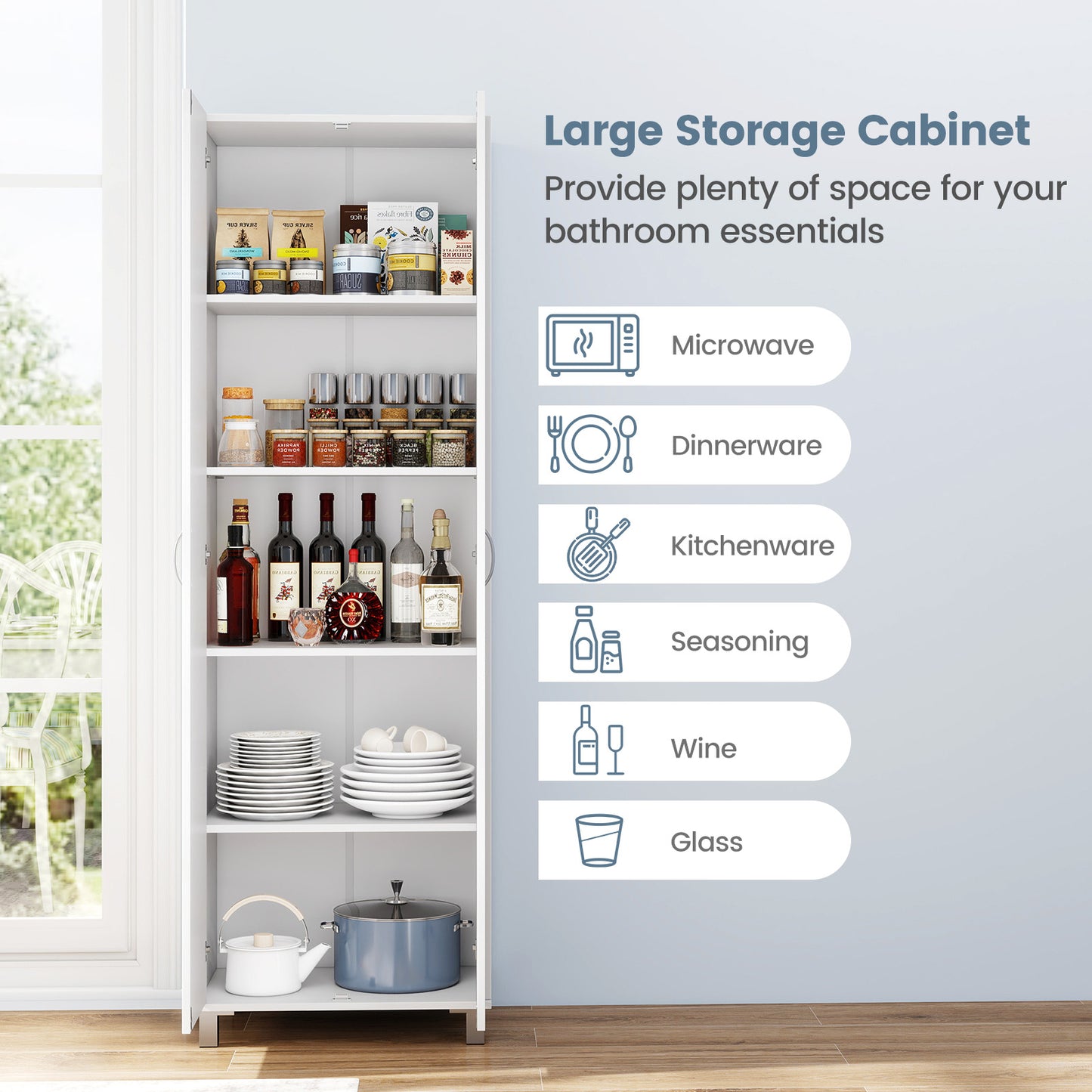 Tall Freestanding Storage Cabinet with Adjustable Shelves and Double Doors 73.5 Inch