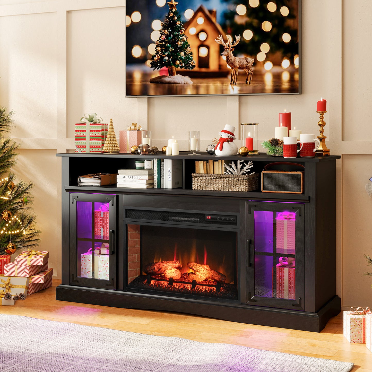 Electric Fireplace TV Console with Thermostat and Remote for TVs up to 50 Inch - Black