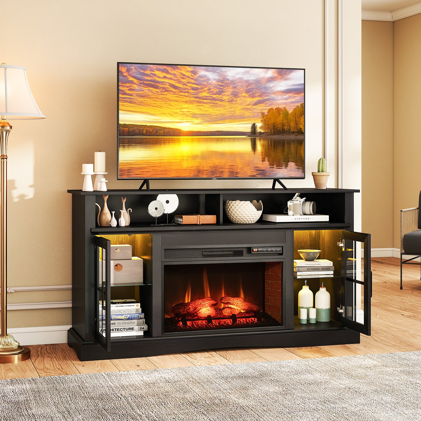 Electric Fireplace TV Console with Thermostat and Remote for TVs up to 50 Inch - Black