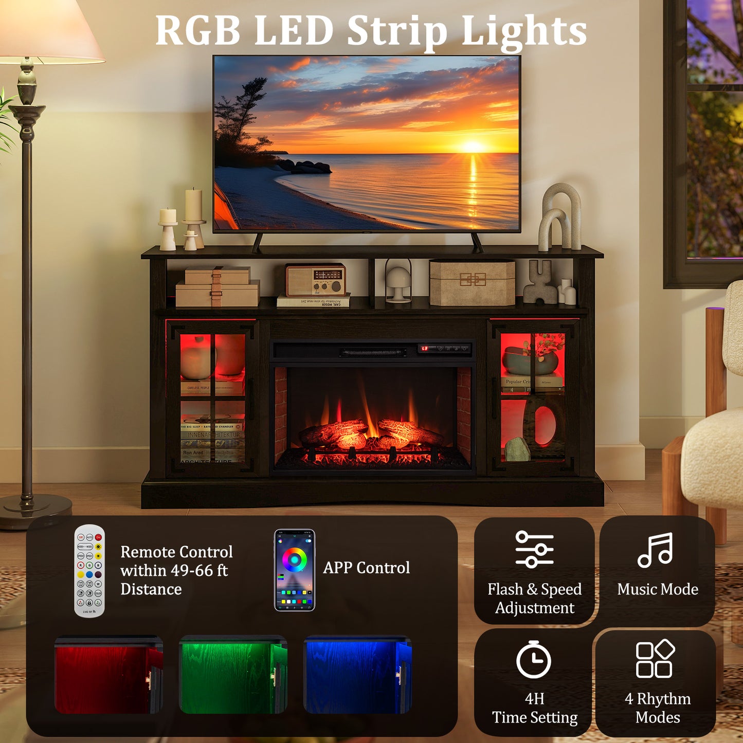 Electric Fireplace TV Console with Thermostat and Remote for TVs up to 50 Inch - Black