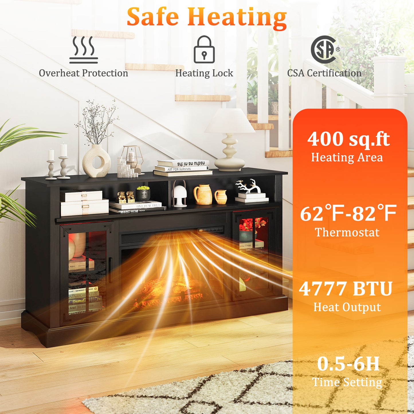 Electric Fireplace TV Console with Thermostat and Remote for TVs up to 50 Inch - Black