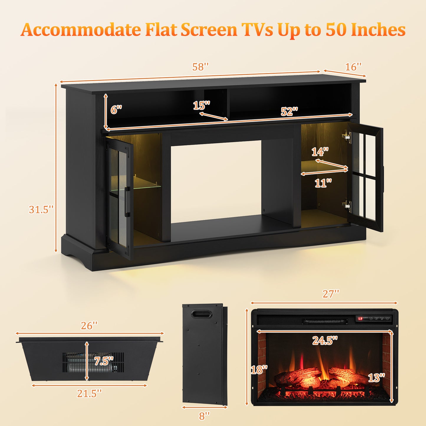 Electric Fireplace TV Console with Thermostat and Remote for TVs up to 50 Inch - Black