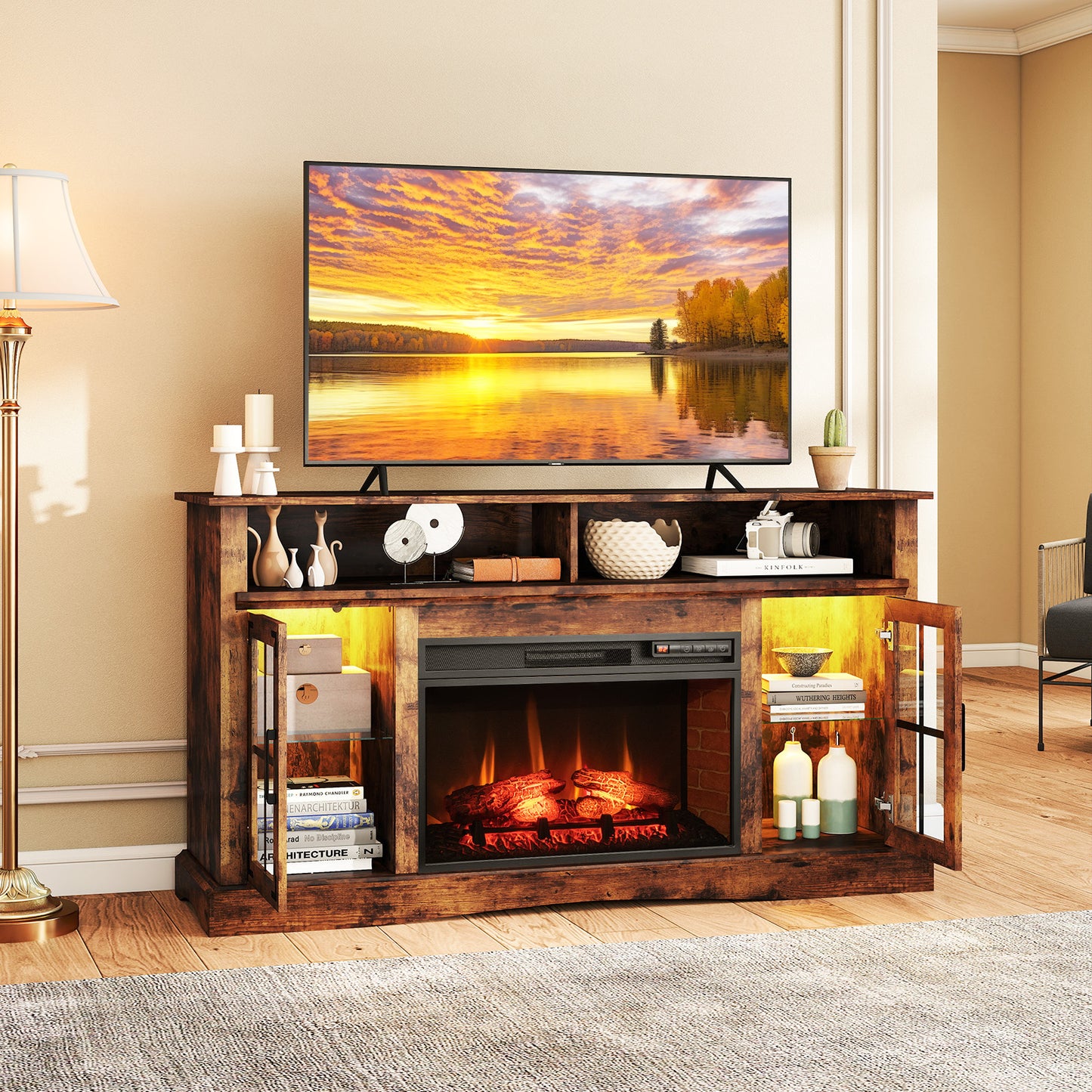 Electric Fireplace TV Console with Thermostat and Remote for TVs up to 50 Inch - Rustic Brown