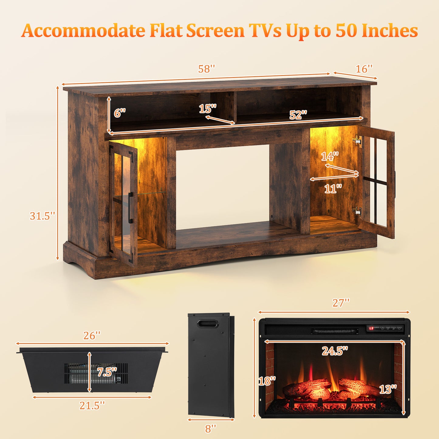Electric Fireplace TV Console with Thermostat and Remote for TVs up to 50 Inch - Rustic Brown