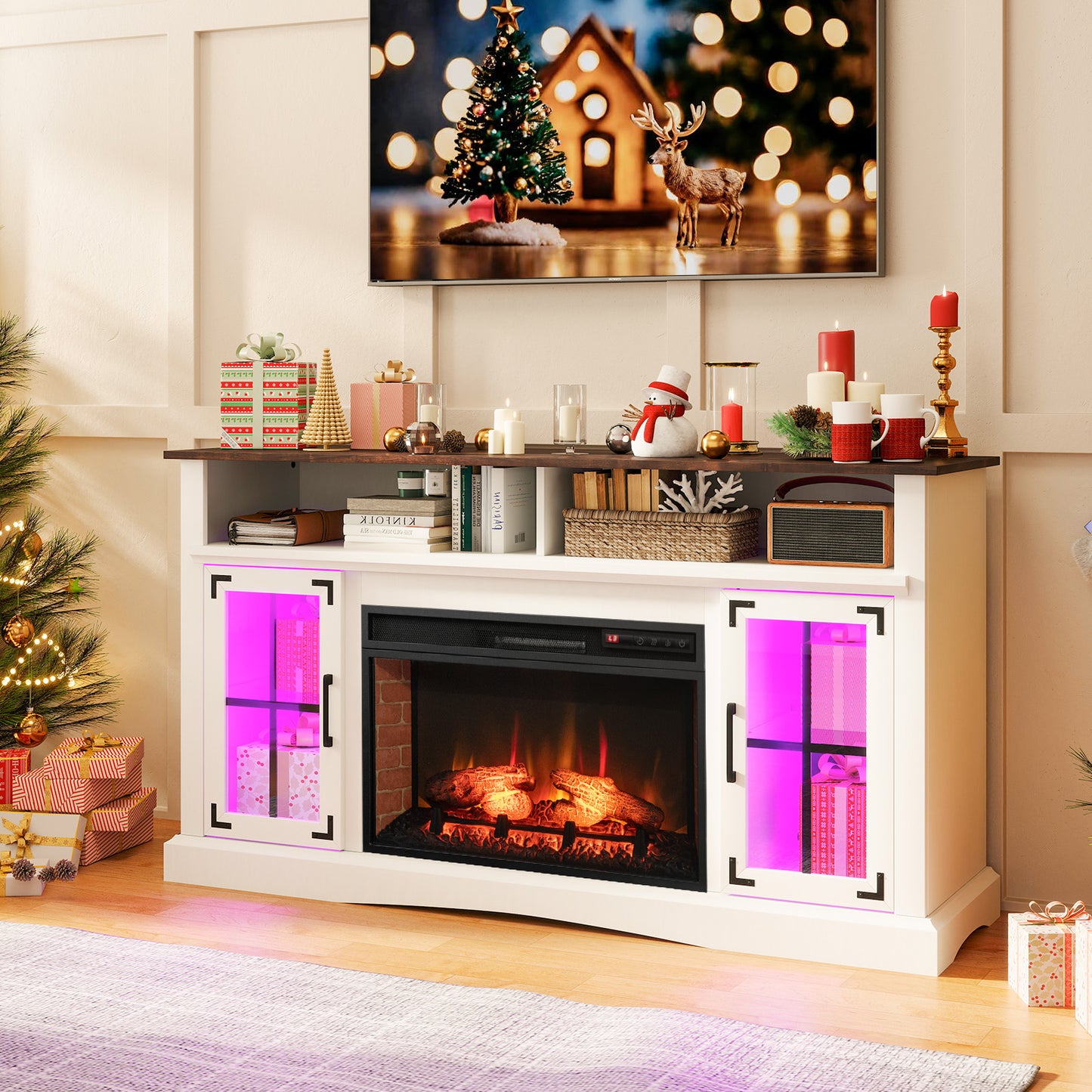 Electric Fireplace TV Console with Thermostat and Remote for TVs up to 50 Inch - White