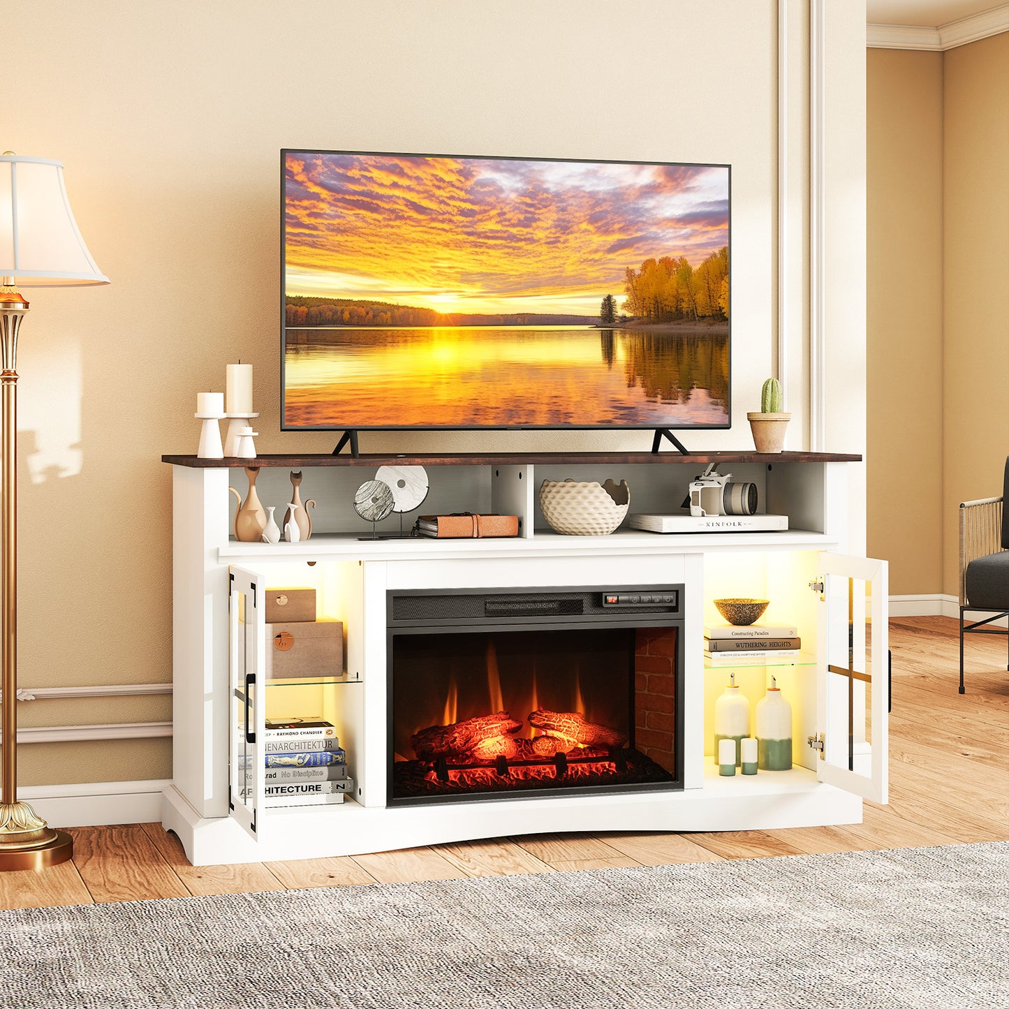 Electric Fireplace TV Console with Thermostat and Remote for TVs up to 50 Inch - White