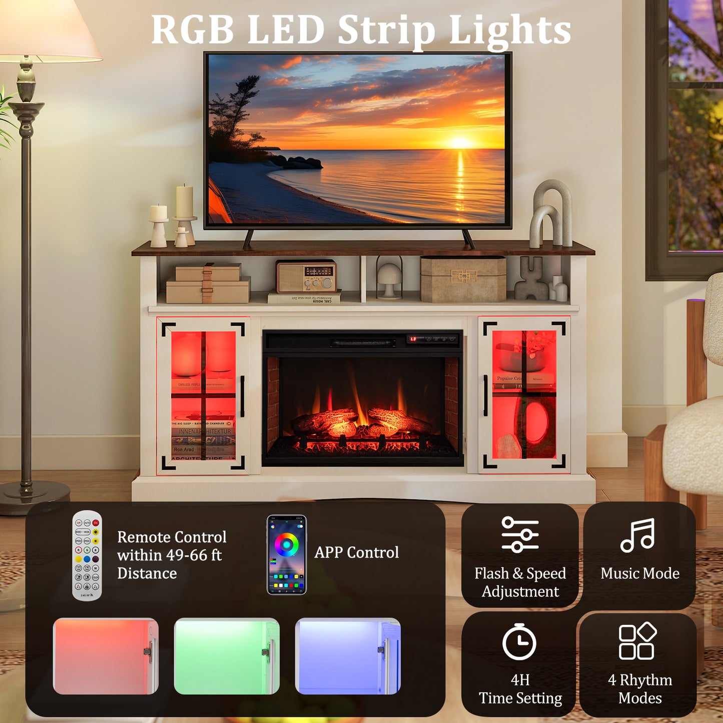 Electric Fireplace TV Console with Thermostat and Remote for TVs up to 50 Inch - White