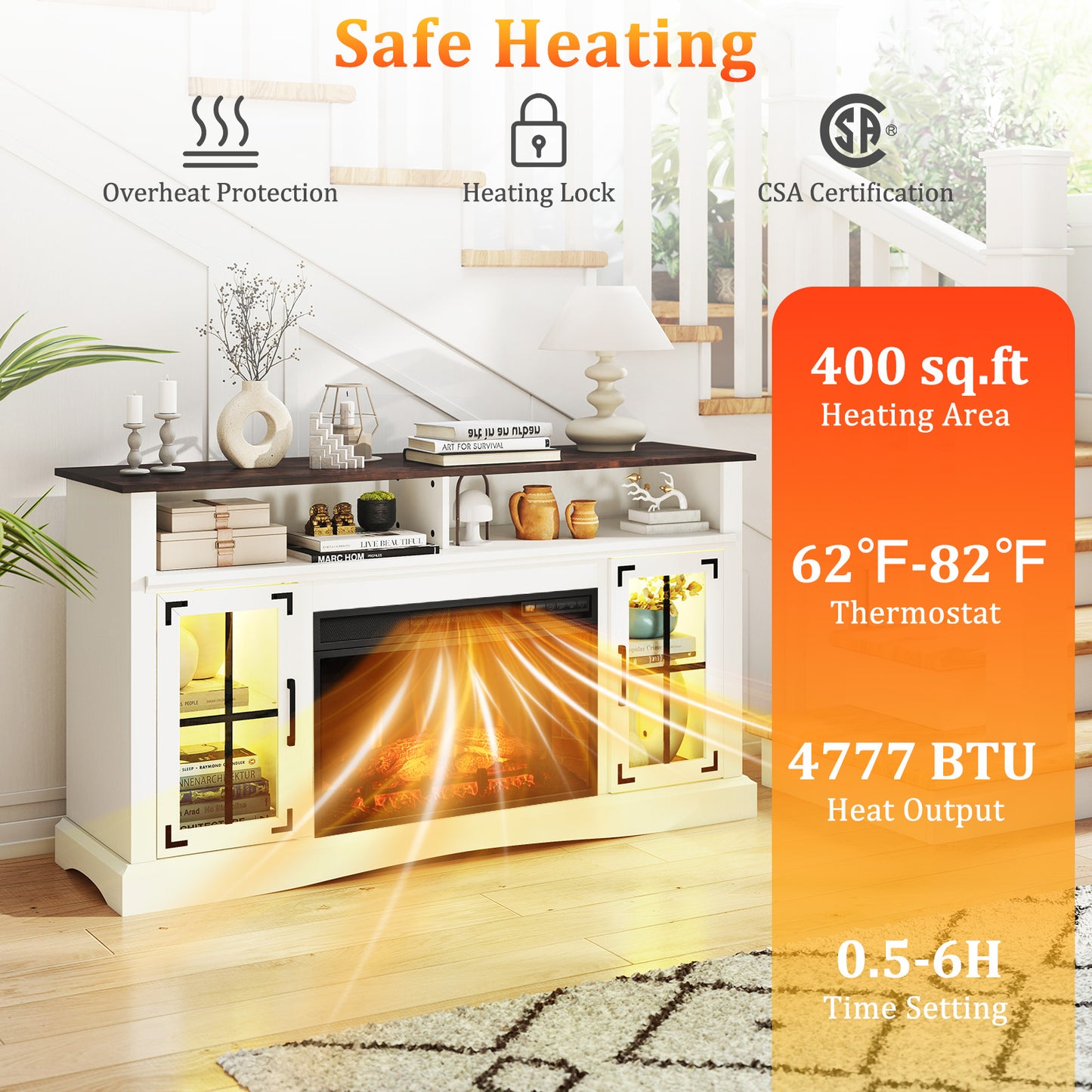 Electric Fireplace TV Console with Thermostat and Remote for TVs up to 50 Inch - White