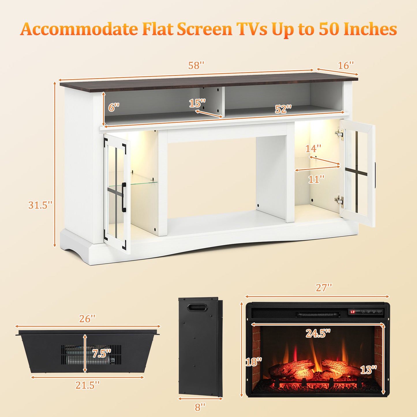 Electric Fireplace TV Console with Thermostat and Remote for TVs up to 50 Inch - White