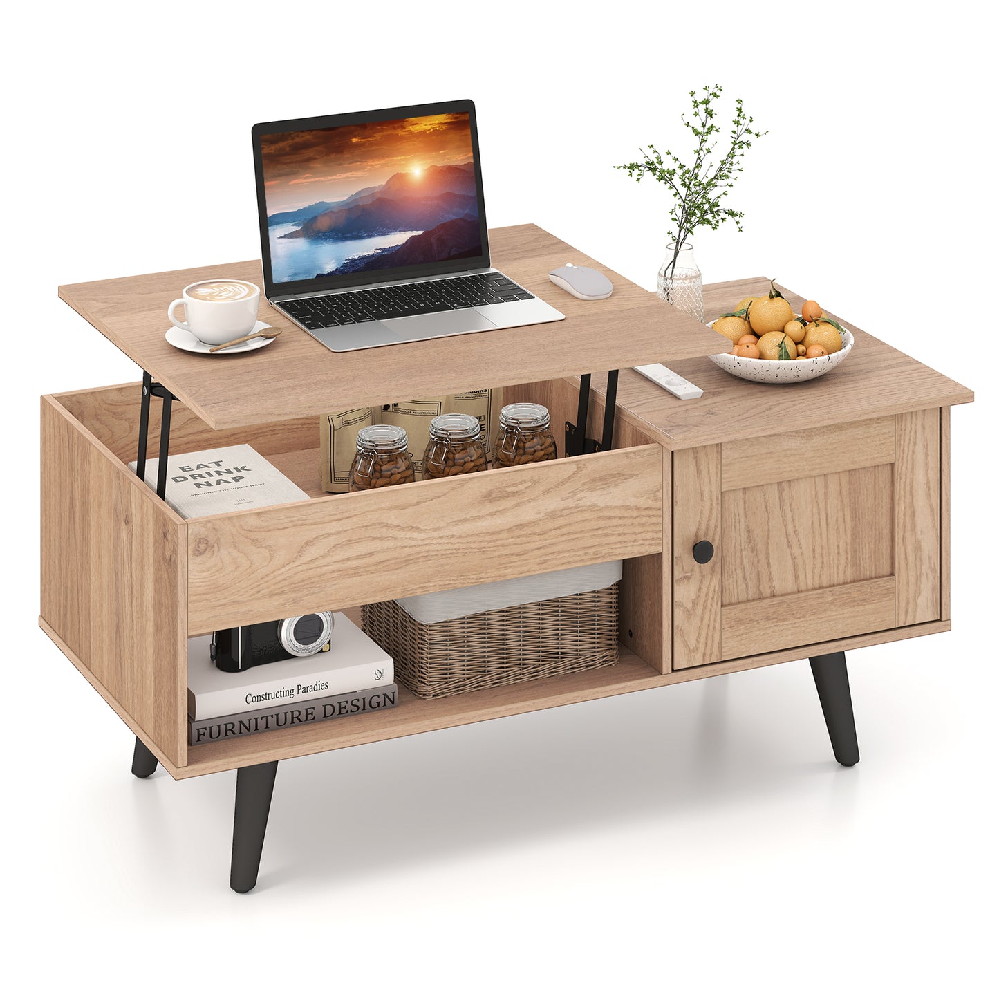 Modern Lift Top Coffee Table with Hidden Storage Compartment and Side Cabinet in Natural Wood Finish