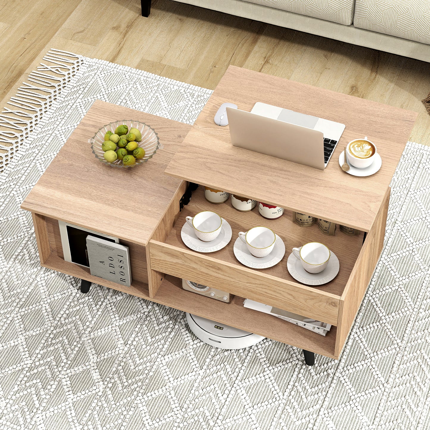Modern Lift Top Coffee Table with Hidden Storage Compartment and Side Cabinet in Natural Wood Finish
