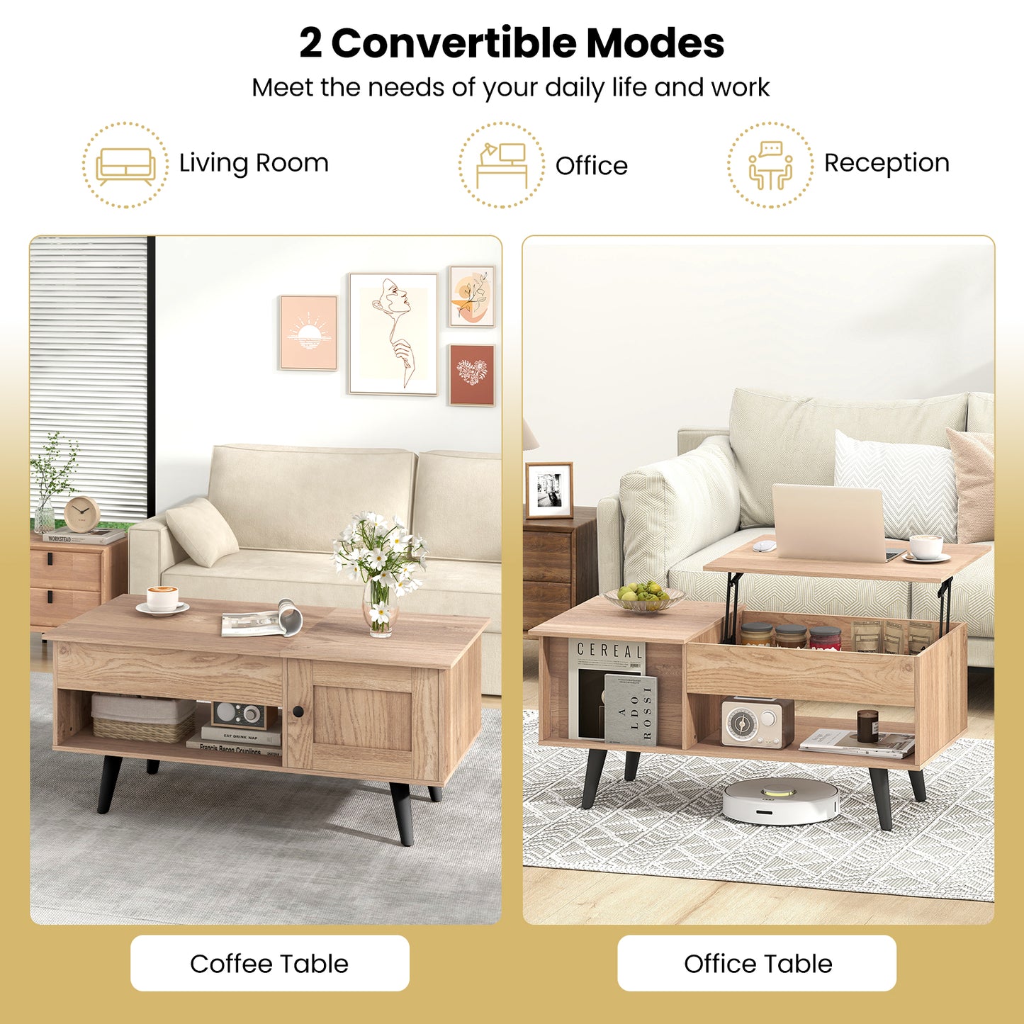 Modern Lift Top Coffee Table with Hidden Storage Compartment and Side Cabinet in Natural Wood Finish