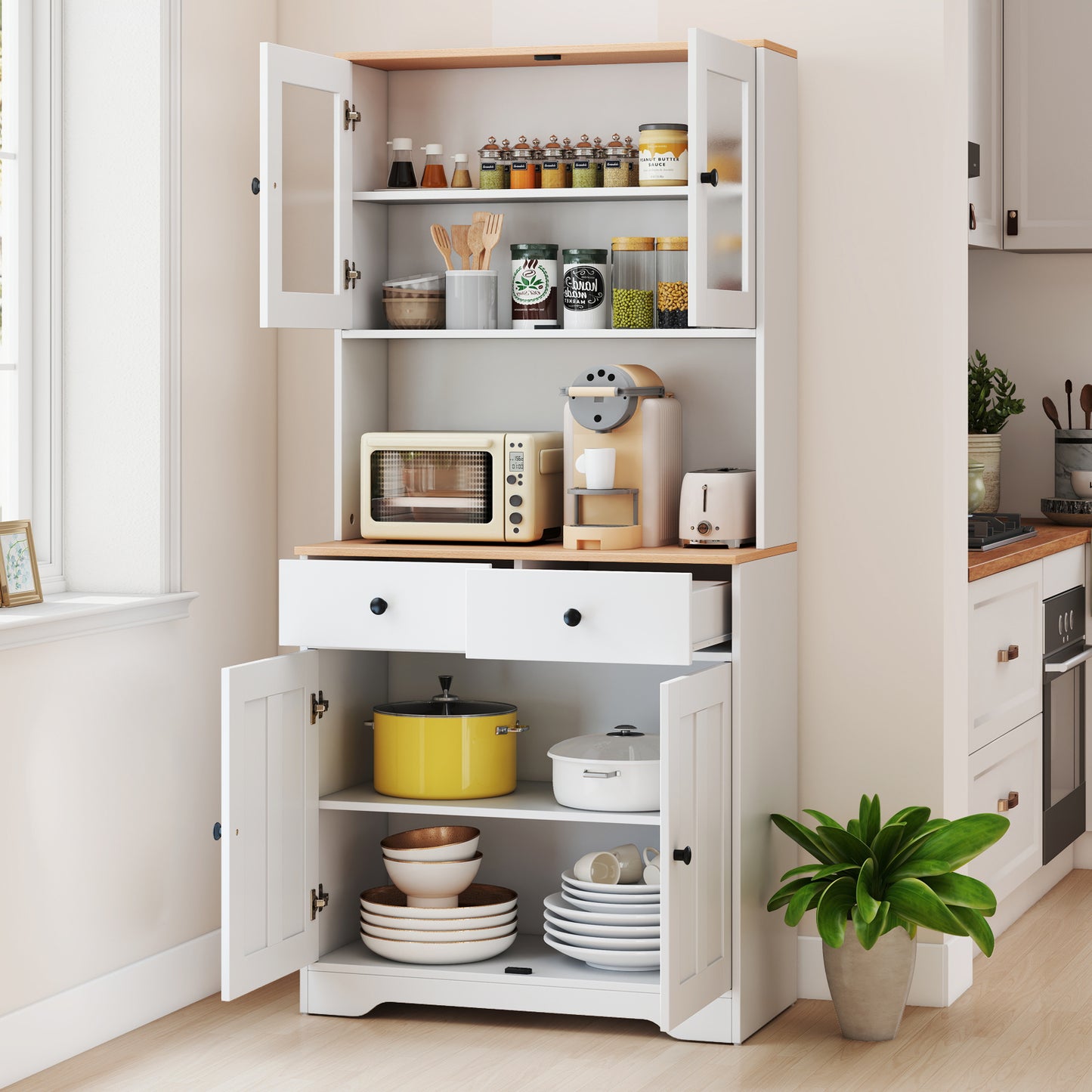 Kitchen Pantry Cabinet with Adjustable Shelves and Spacious Storage - White