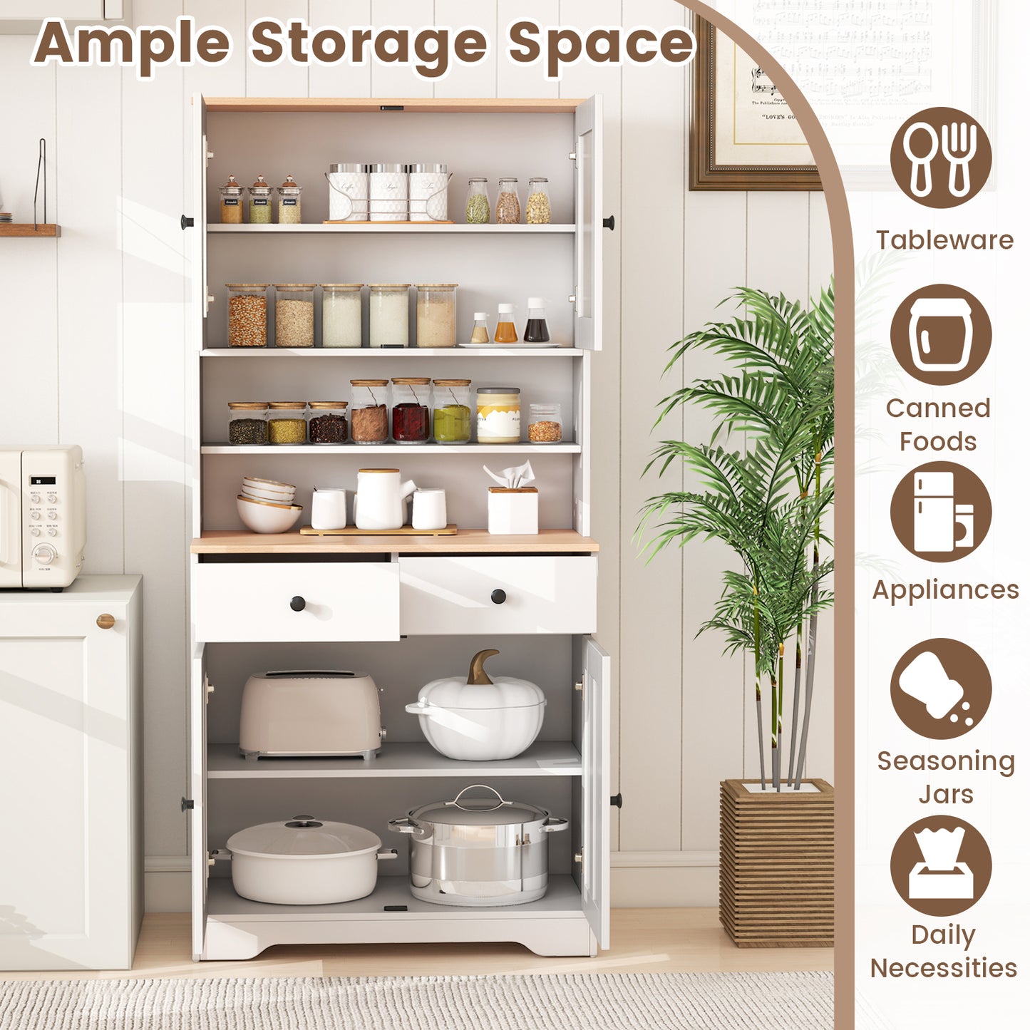 Kitchen Pantry Cabinet with Adjustable Shelves and Spacious Storage - White