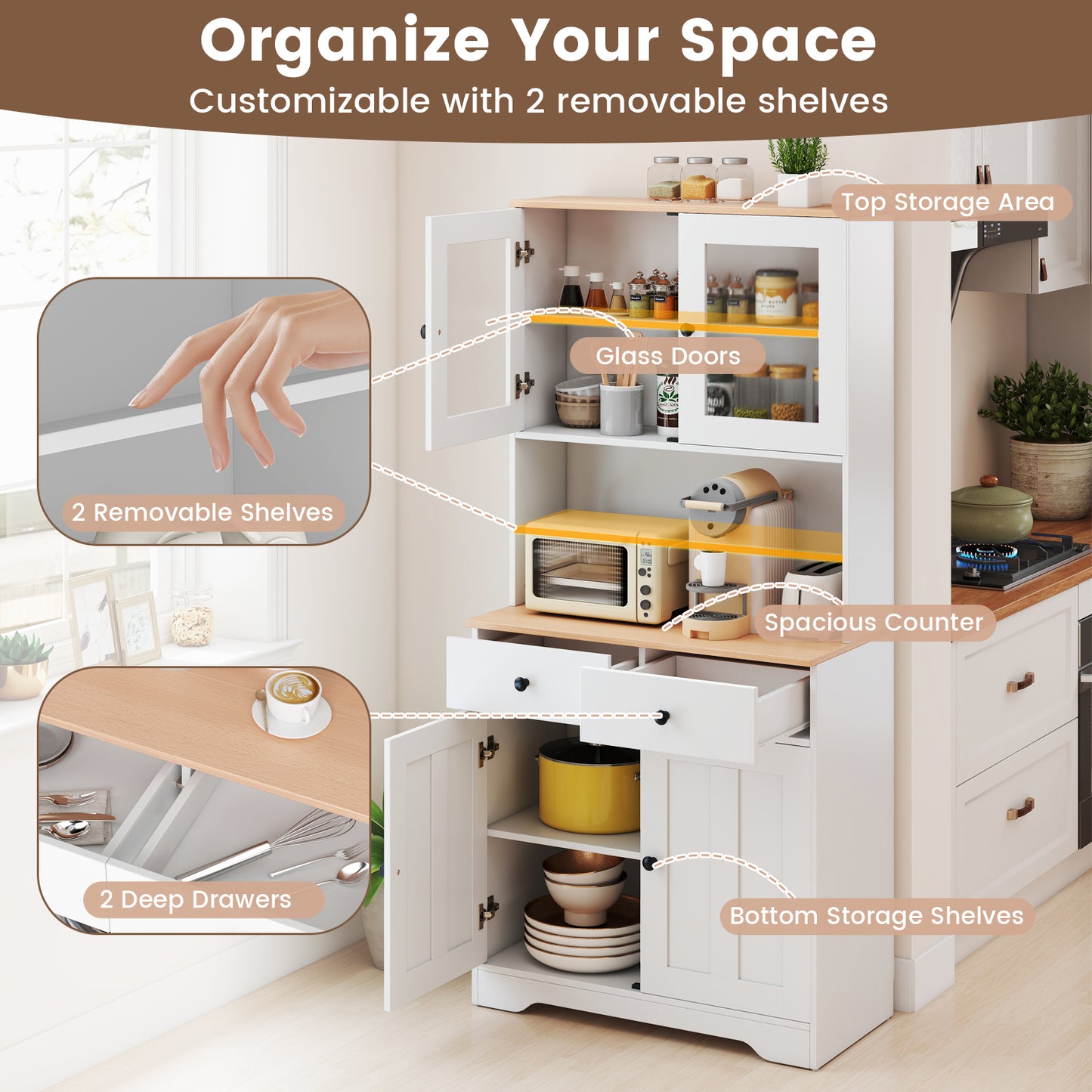 Kitchen Pantry Cabinet with Adjustable Shelves and Spacious Storage - White