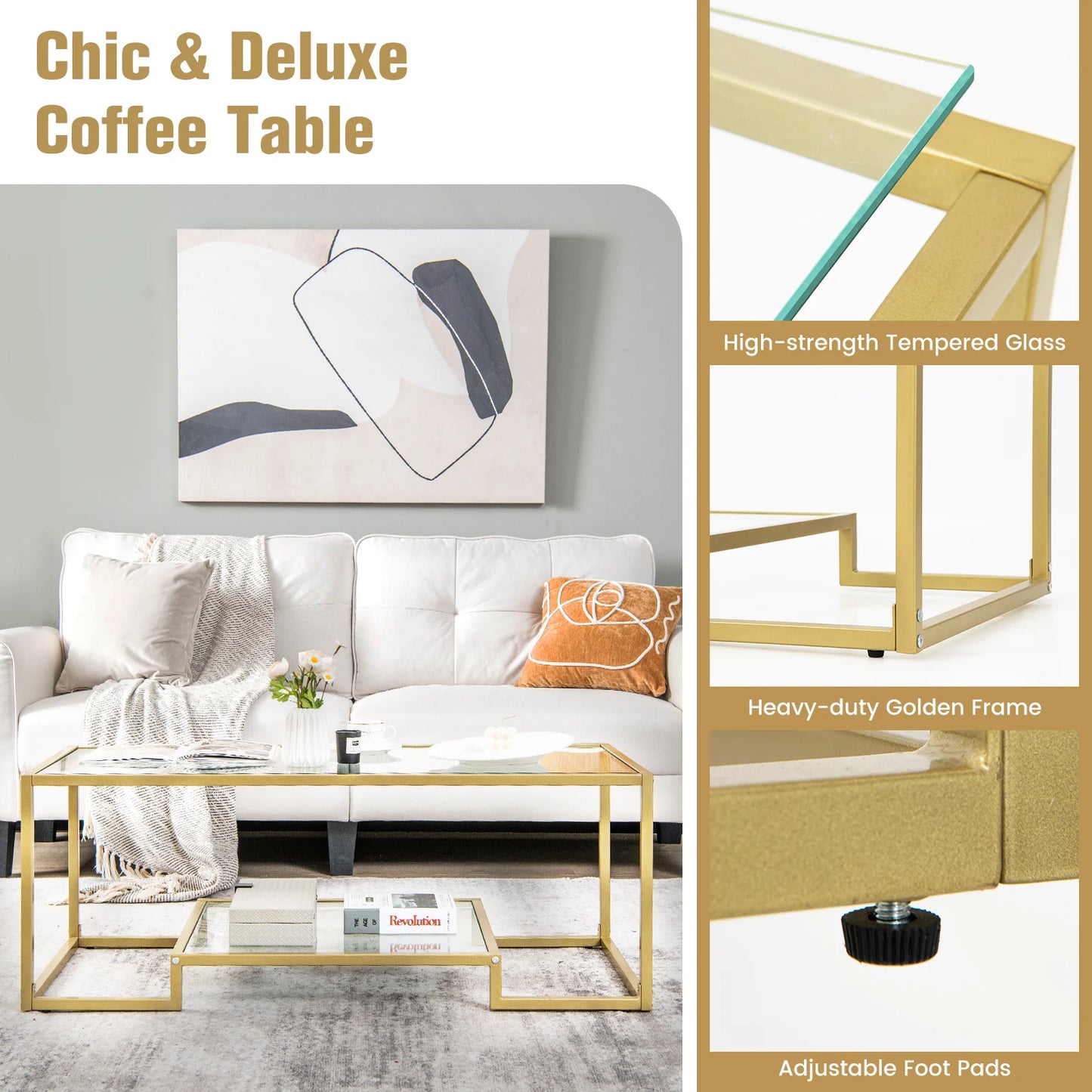 Modern Glass Coffee Table with 2-Tier Storage and Gold Steel Frame