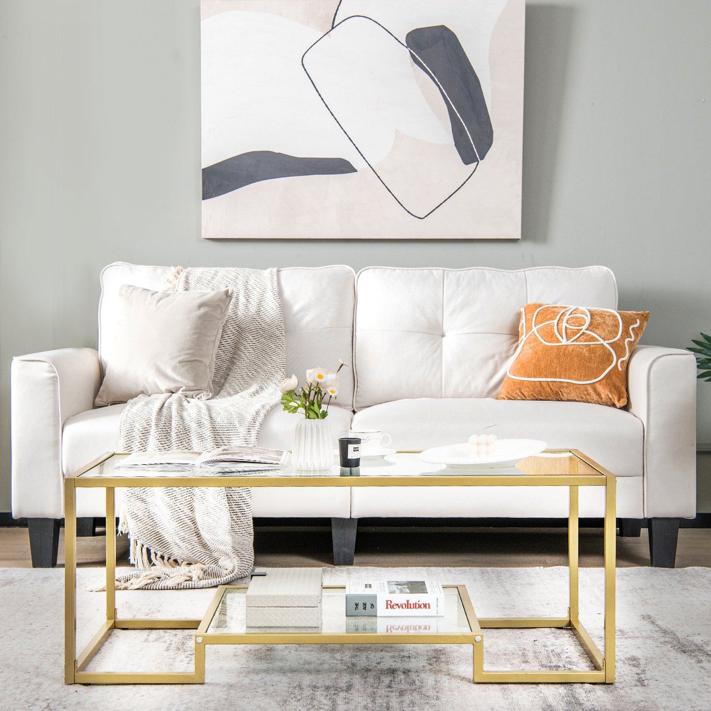 Modern Glass Coffee Table with 2-Tier Storage and Gold Steel Frame