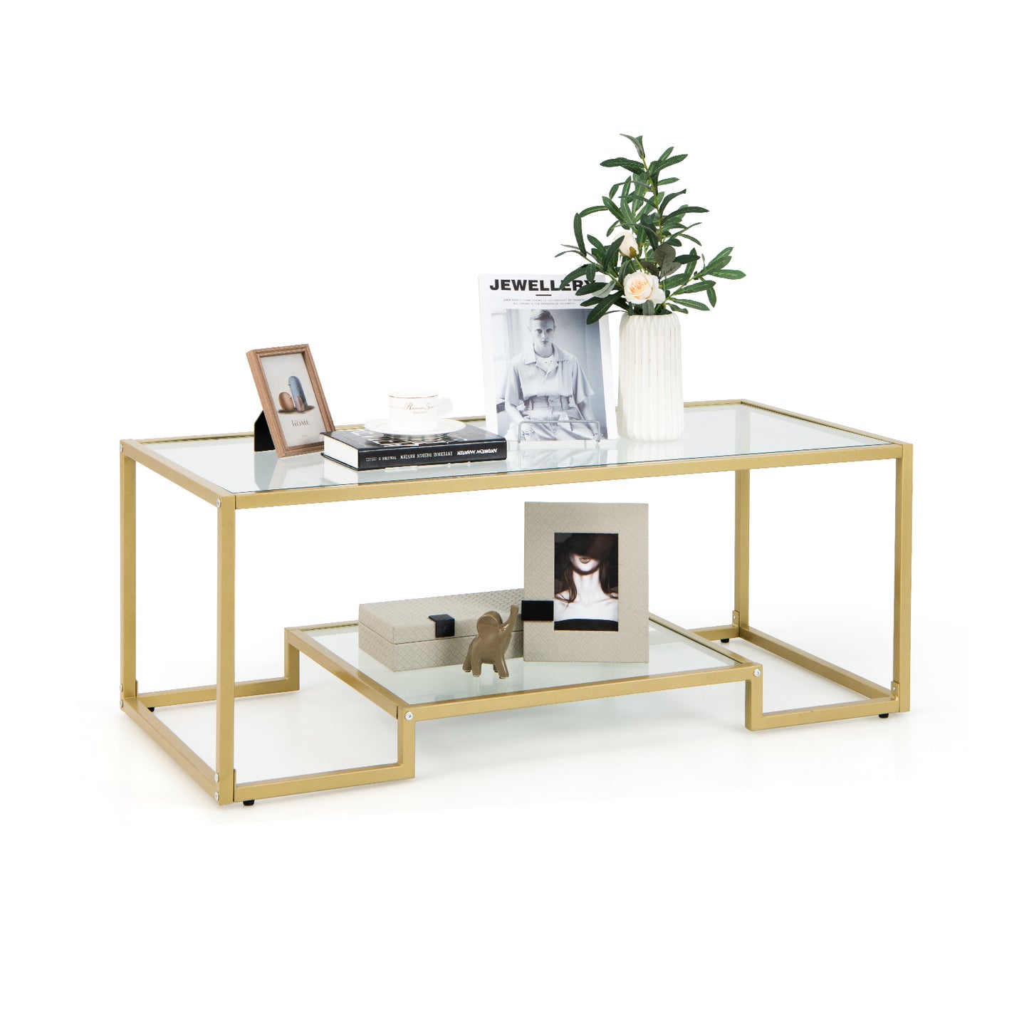 Modern Glass Coffee Table with 2-Tier Storage and Gold Steel Frame