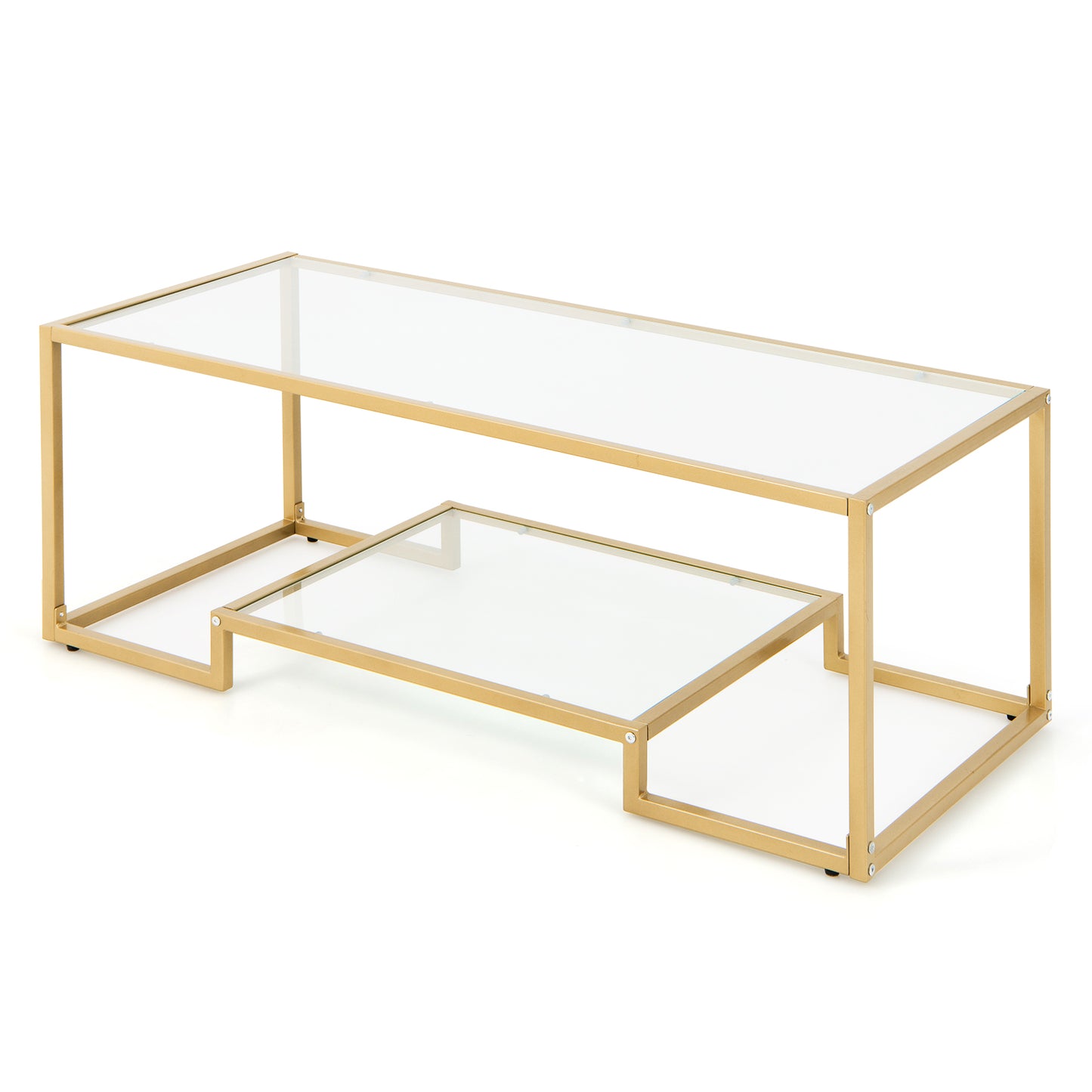 Modern Glass Coffee Table with 2-Tier Storage and Gold Steel Frame