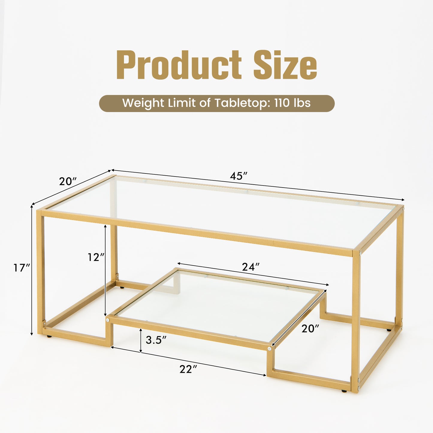 Modern Glass Coffee Table with 2-Tier Storage and Gold Steel Frame