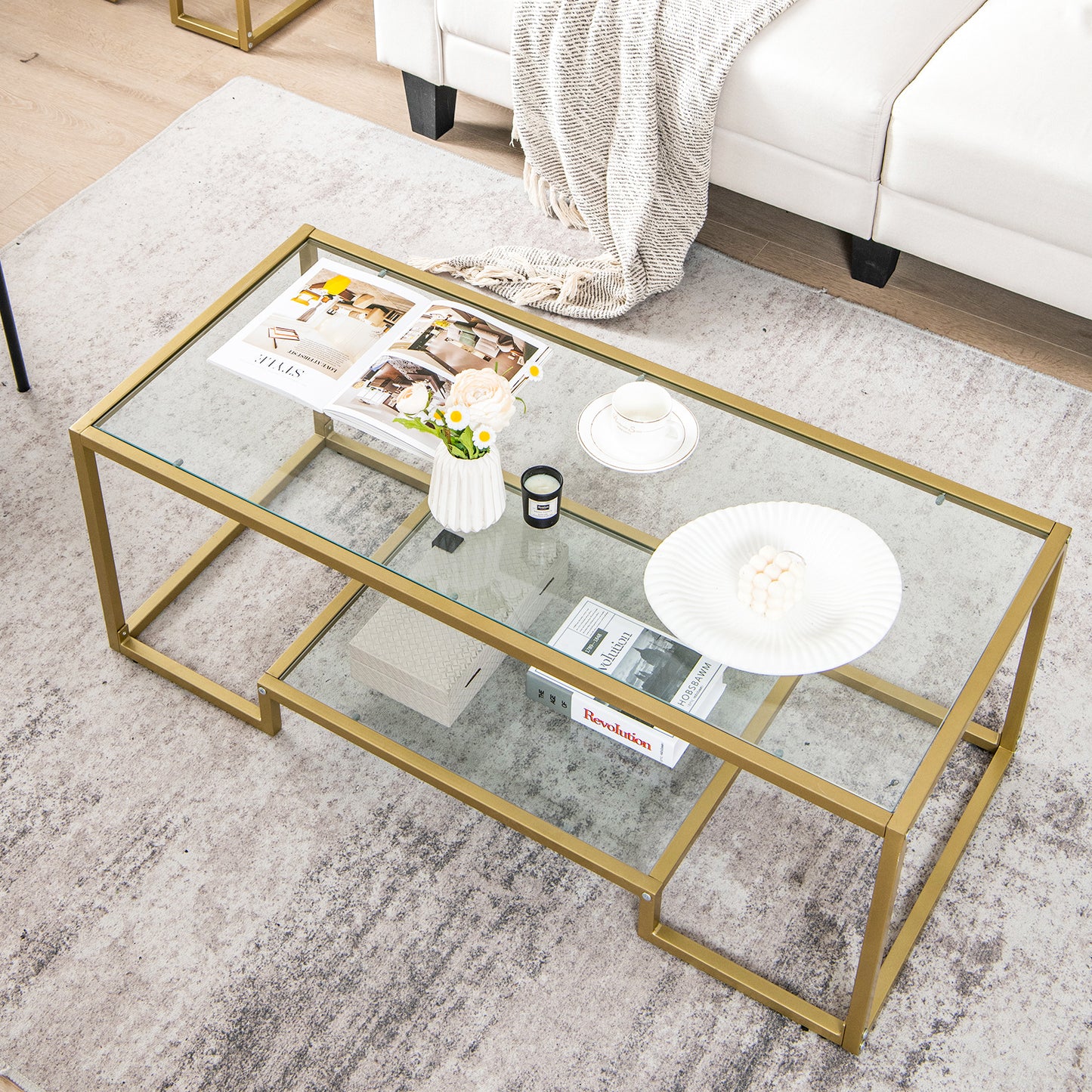 Modern Glass Coffee Table with 2-Tier Storage and Gold Steel Frame