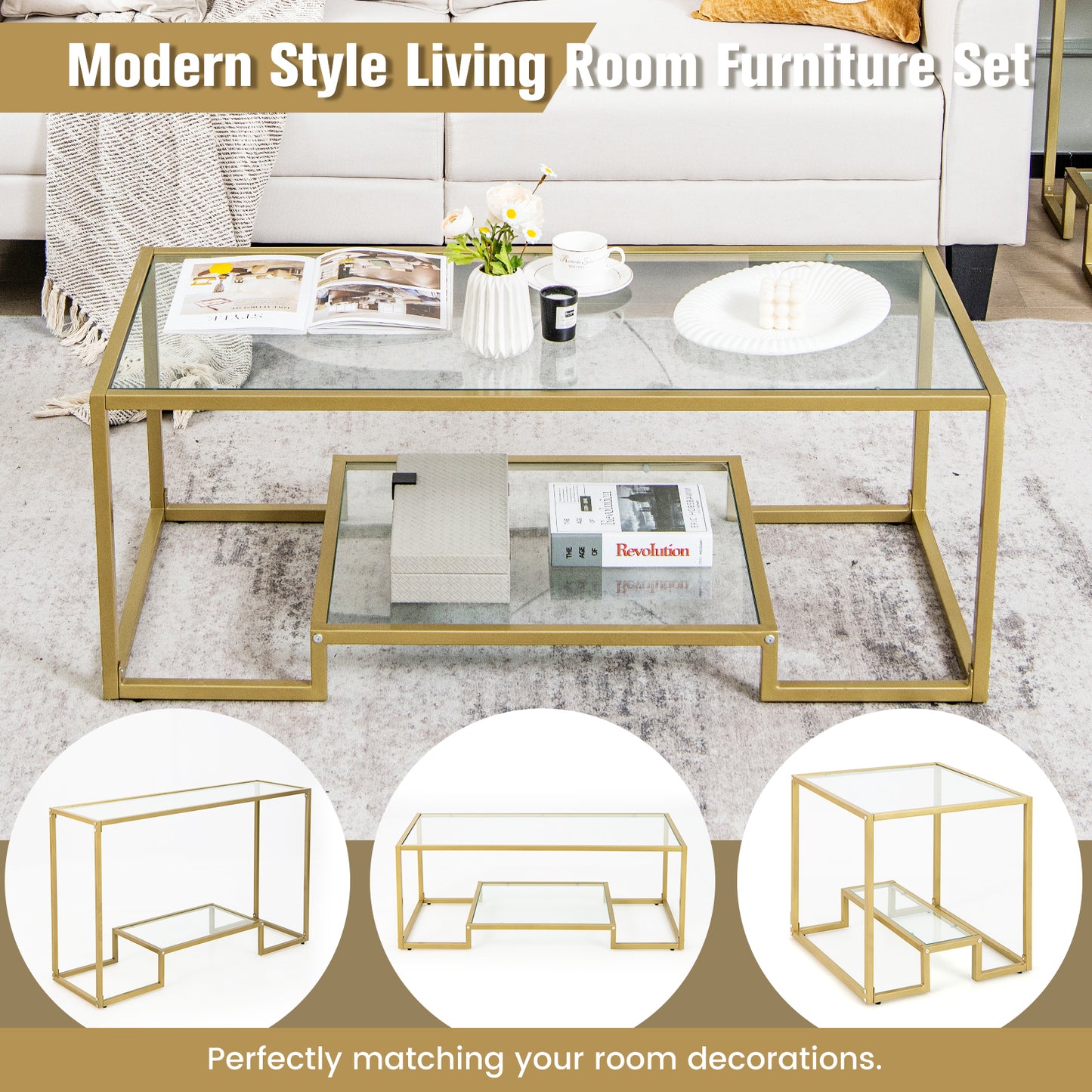 Modern Glass Coffee Table with 2-Tier Storage and Gold Steel Frame