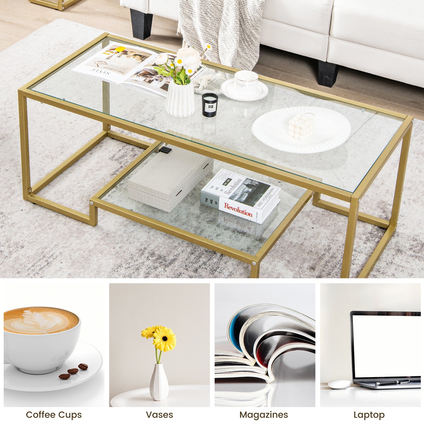 Modern Glass Coffee Table with 2-Tier Storage and Gold Steel Frame