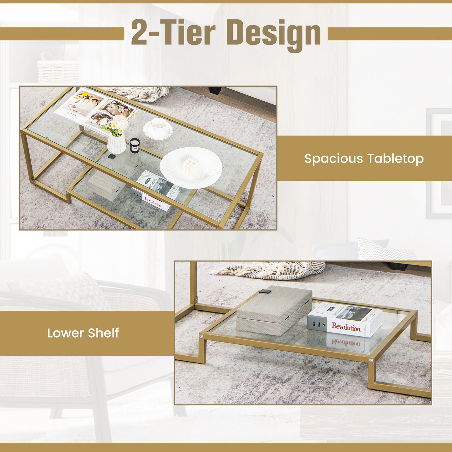 Modern Glass Coffee Table with 2-Tier Storage and Gold Steel Frame
