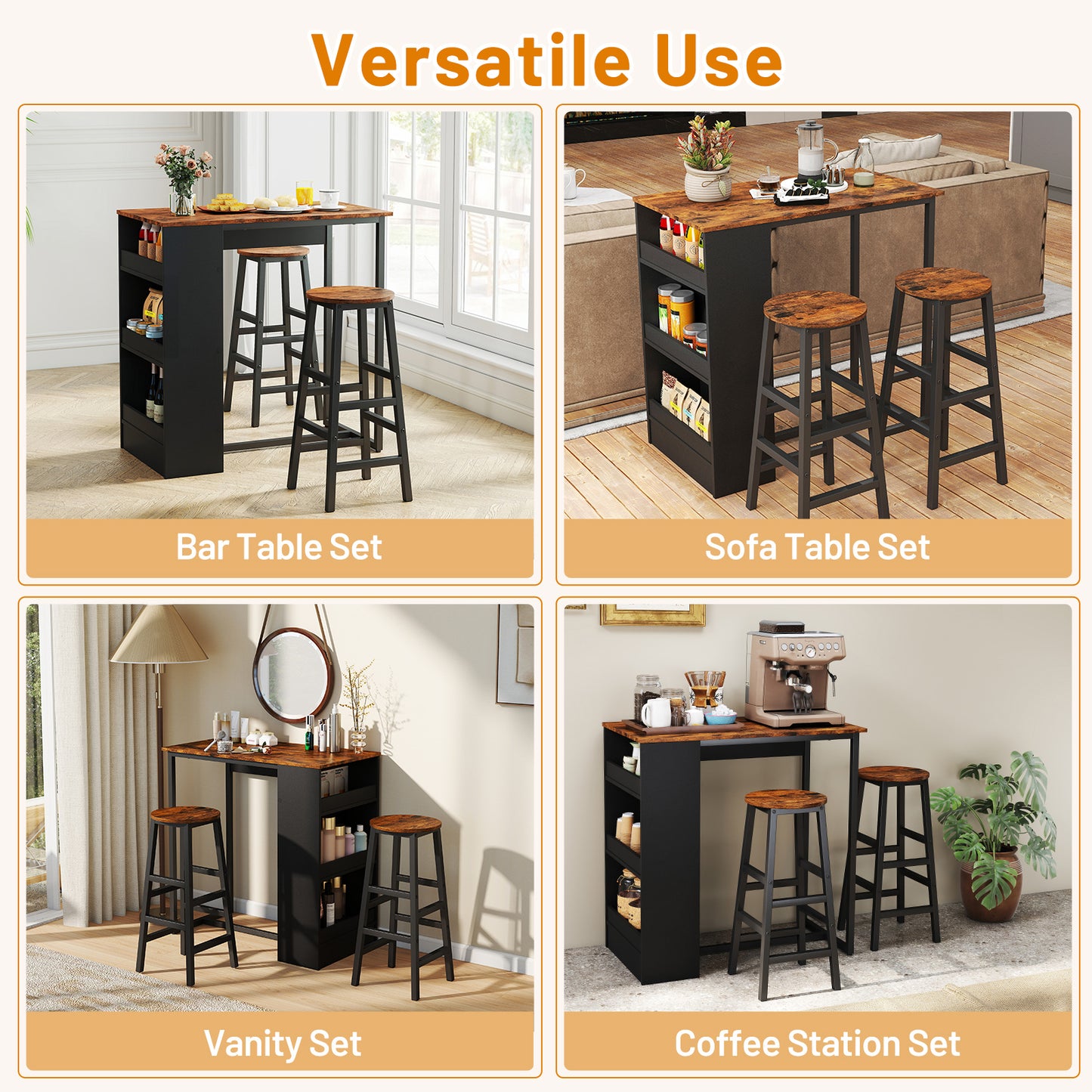 Modern 3 Piece Bar Table Set with Built-In Shelves and Matching Stools