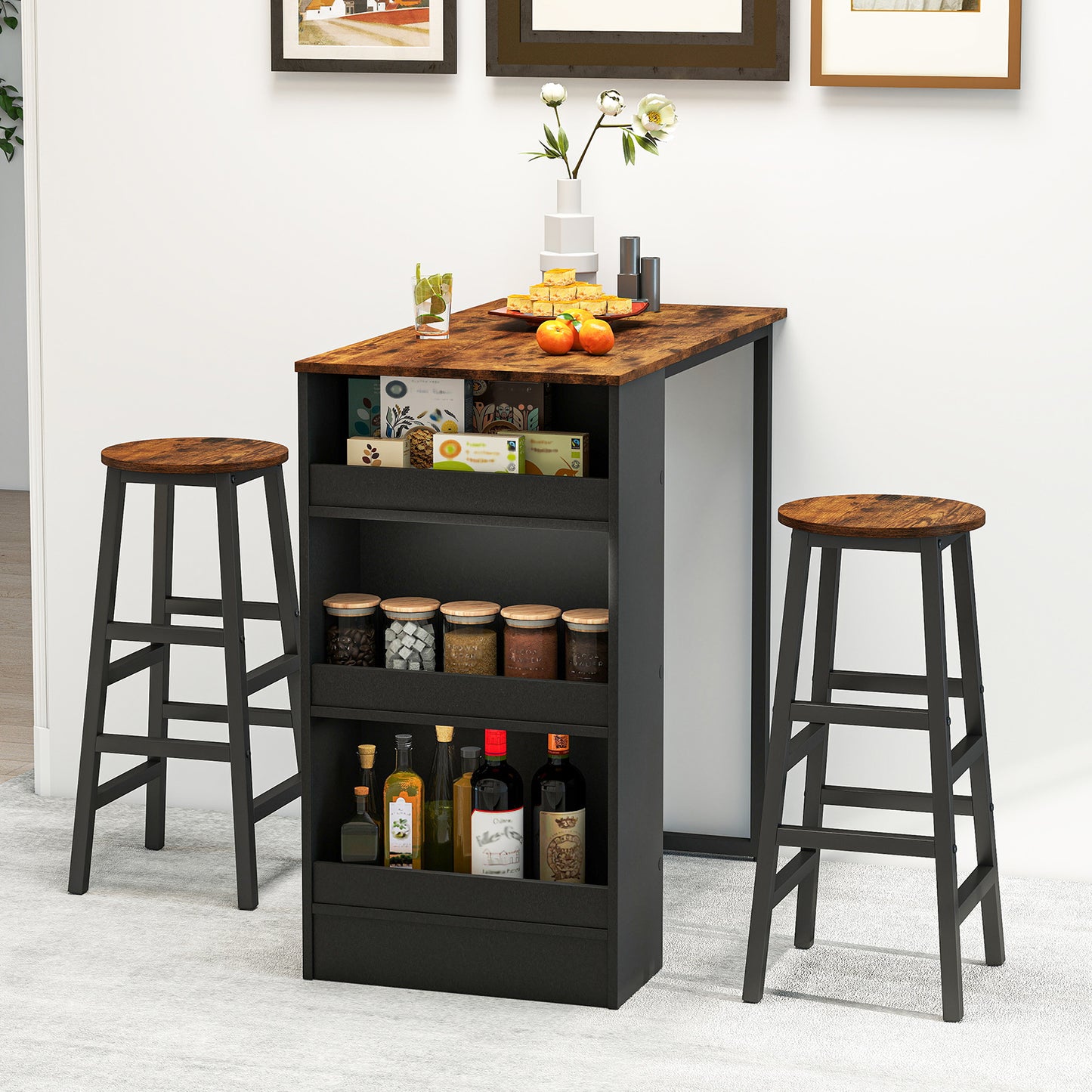 Modern 3 Piece Bar Table Set with Built-In Shelves and Matching Stools