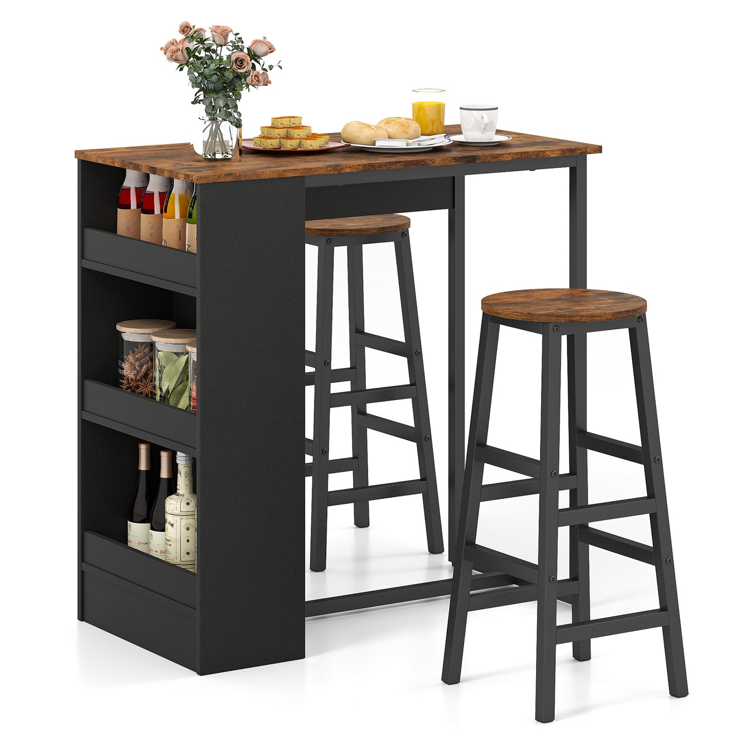 Modern 3 Piece Bar Table Set with Built-In Shelves and Matching Stools