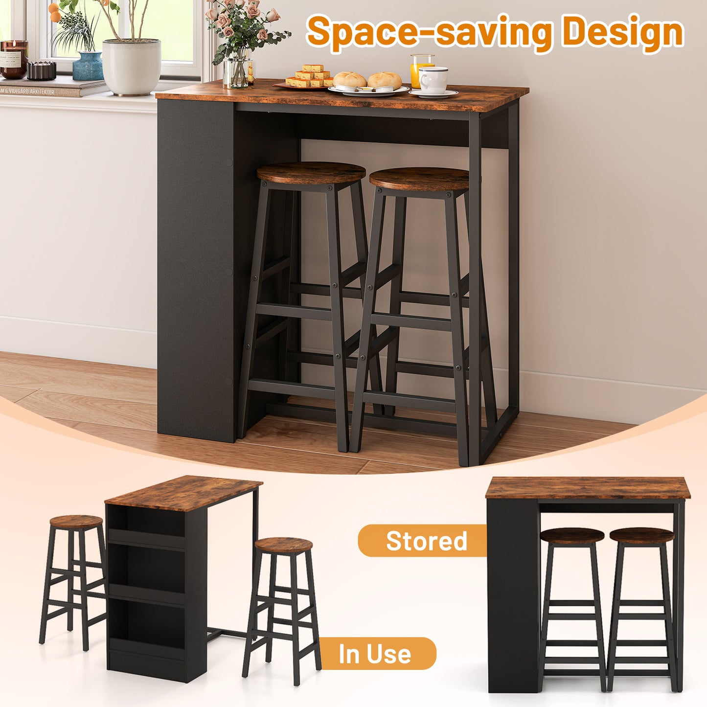Modern 3 Piece Bar Table Set with Built-In Shelves and Matching Stools