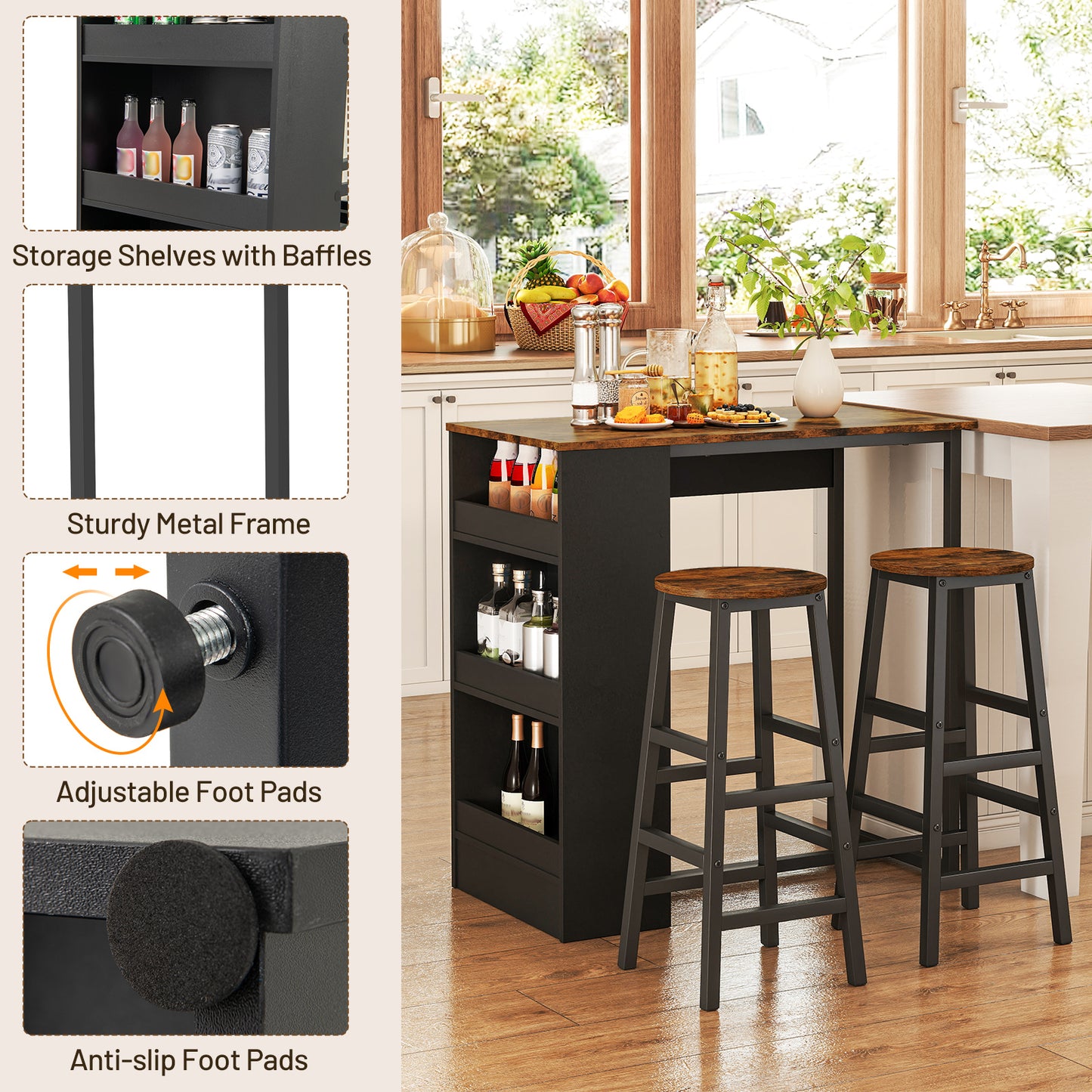 Modern 3 Piece Bar Table Set with Built-In Shelves and Matching Stools