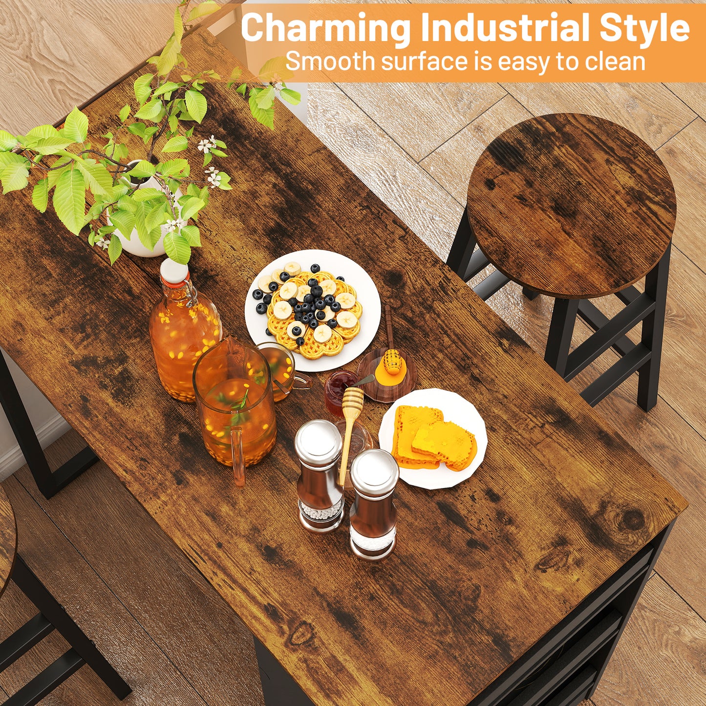 Modern 3 Piece Bar Table Set with Built-In Shelves and Matching Stools