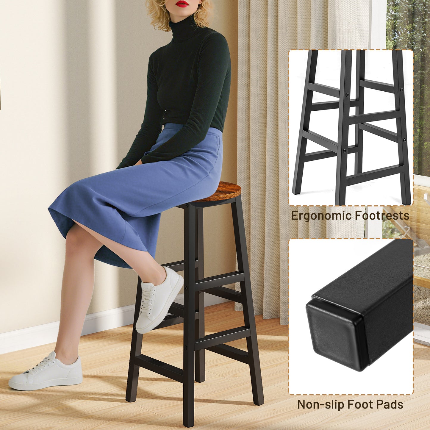 Modern 3 Piece Bar Table Set with Built-In Shelves and Matching Stools