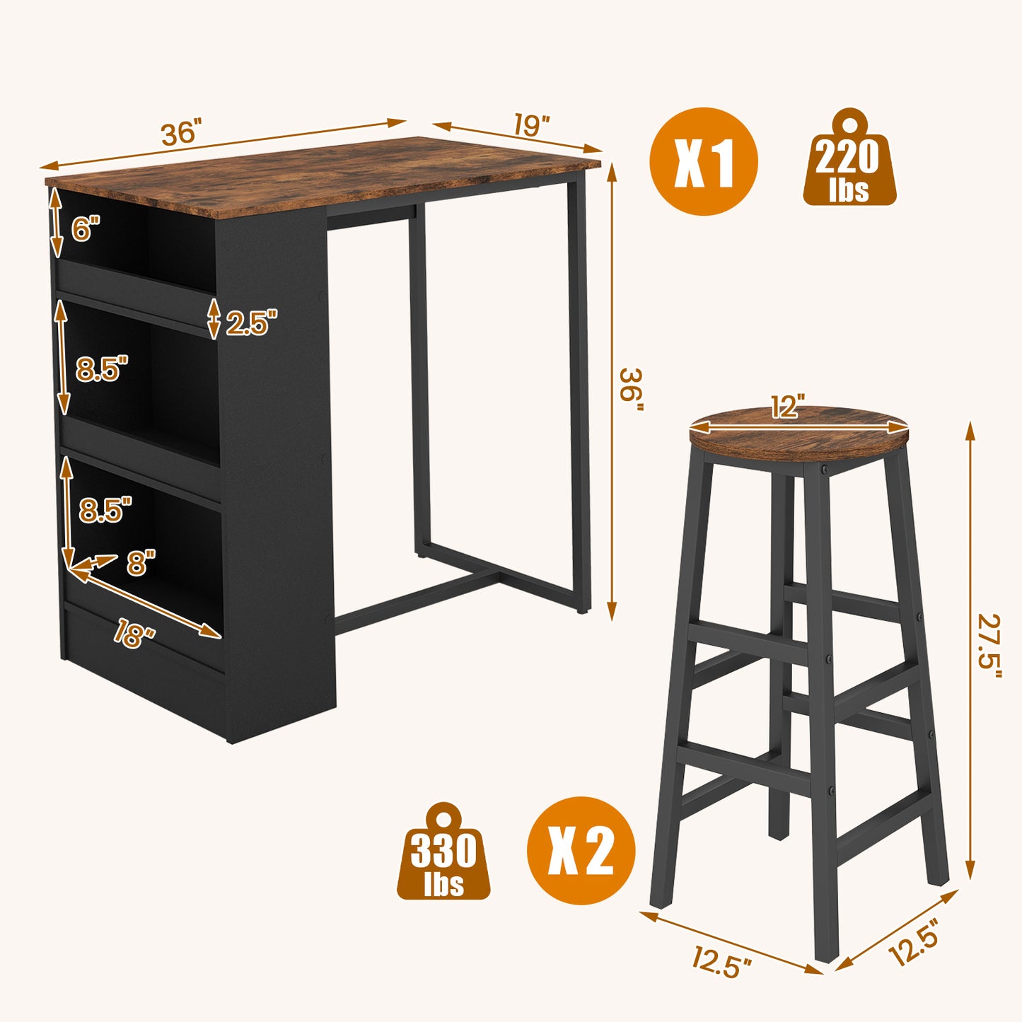 Modern 3 Piece Bar Table Set with Built-In Shelves and Matching Stools