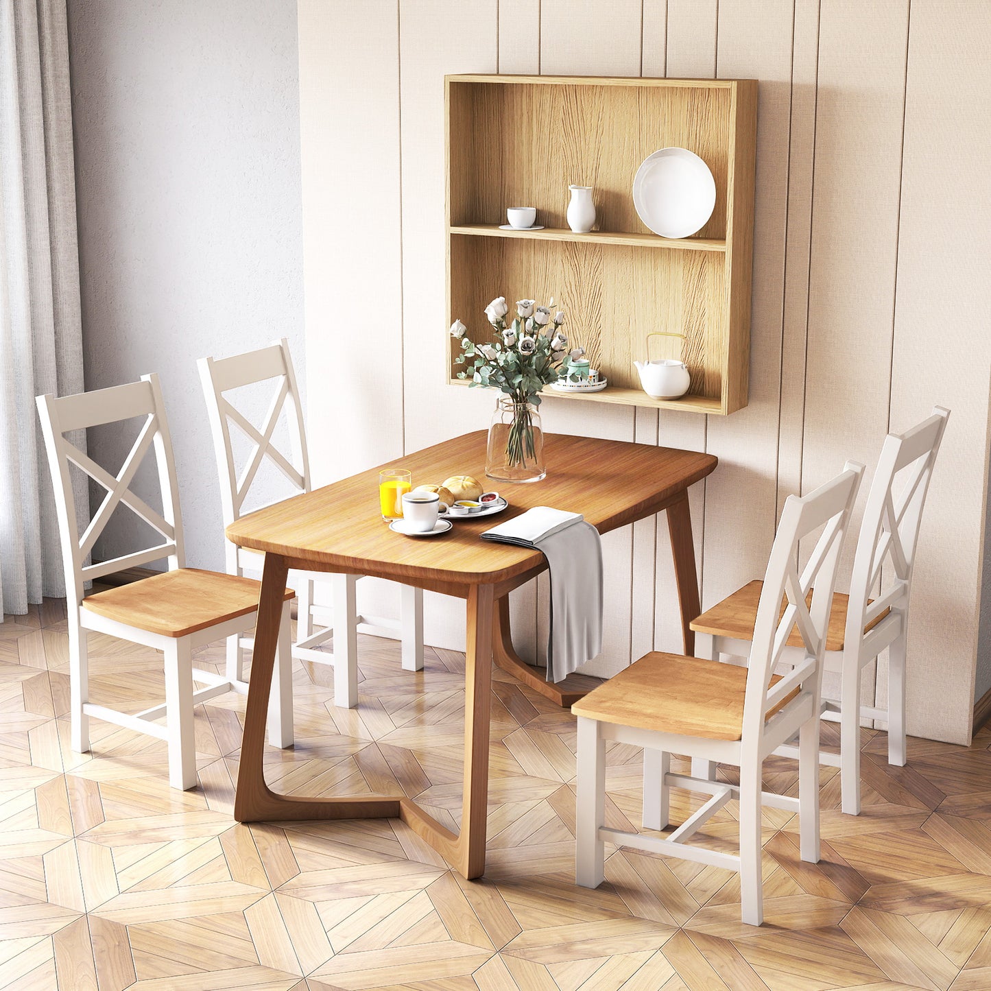 Farmhouse Wooden Dining Chairs Set of 2 with High Backrest and Solid Rubber Wood Frame