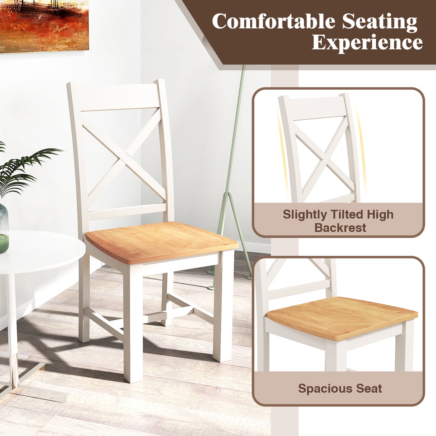 Farmhouse Wooden Dining Chairs Set of 2 with High Backrest and Solid Rubber Wood Frame